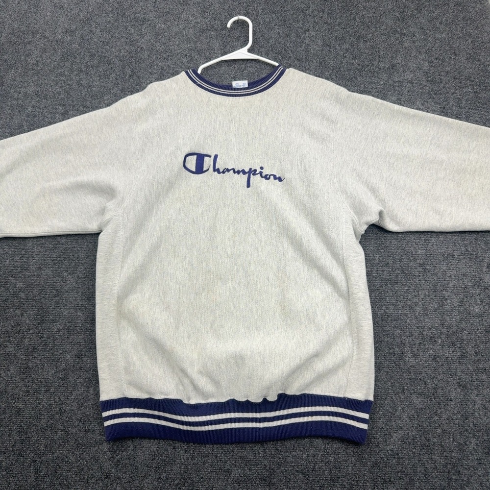 Vintage Champion Sweatshirt XL Gray Cotton Reverse Weave Striped Trim Athletic